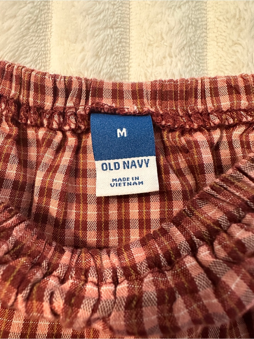 Old Navy Off the Shoulder Gingham Tiered Mini Dress in Rust Plaid - Picture 4 of 8